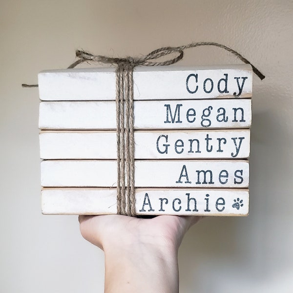 i com books name Name stamped books, name stacked books, family names stamped books, pet name books, stamped stacked books, family book stack, book stack
