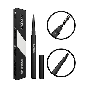 Puede incluir: Lápiz negro para rellenar la barba con un cepillo de spoolie en un extremo y un lápiz retráctil en el otro. El embalaje es negro con texto blanco que dice "Beard Filler" y "Lavossy".