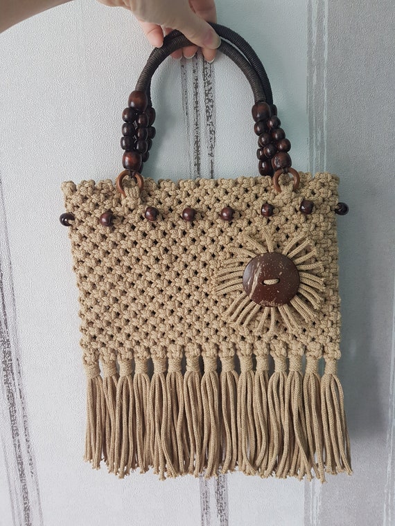 Handmade Macrame Bag with Wooden Handles,cotton thread,Eco Friendly,Stylish and fashionable,Handbag,Crossbody Bag,Macrame Clutch Purse
