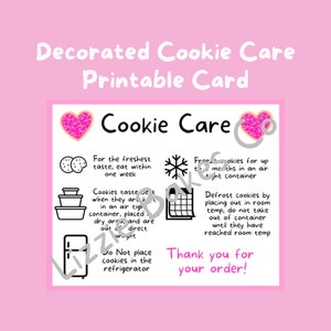 Cartão de instruções sobre cuidados com biscoitos, download digital para padeiros, instruções para decoração de biscoitos para impressão