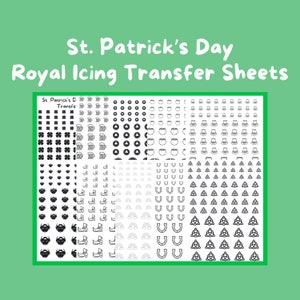 May include: A sheet of St. Patrick's Day Royal Icing Transfer Sheets. The sheet contains various black and white designs, including shamrocks, beer mugs, top hats, horseshoes, and Celtic knots. The text "St. Patrick's Day Royal Icing Transfer Sheets" is at the top.