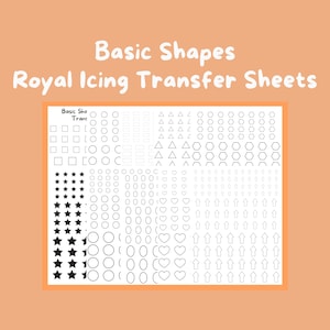 Op de afbeelding: Een vel royal icing transfervellen met diverse basisvormen. De vormen omvatten vierkanten, cirkels, driehoeken, zeshoeken, sterren, harten en pijlen. De tekst "Basic Shapes Royal Icing Transfer Sheets" staat bovenaan.