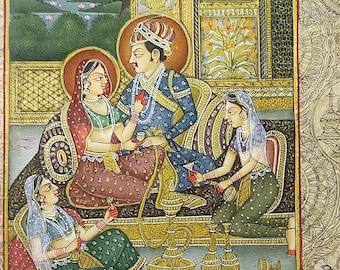 インド細密画、マハラジャとマハラニ、ムガル美術、壁掛け、結婚祝い