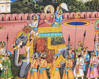 Indian miniature painting of Maharaja Procession on Silk l Arts of India l  Silk cloth painting, Indian traditional wall hanging for decor