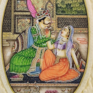 Original indische Mughal Haremsszene Miniaturmalerei l Handgemalte Mogul Gouache Malerei l Mughal Liebesszene 6 Zoll x 4 Zoll