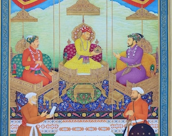 Original, Mughal Court Scene, Indian Miniature Painting, Emperor, Akbar, Shah Jahan, Jahangir, Kings Portrait, Vasli, natural colors