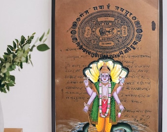 Pintura en miniatura del Señor Vishnu: Arte del dios hindú en papel antiguo.