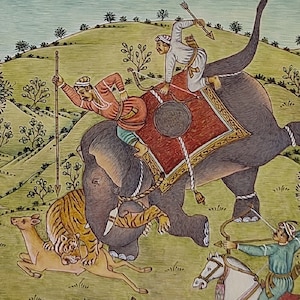 Tiger Hunting wall art, Wild boar hunting painting, Indian Miniature Painting, Mughal Miniature painting, Gouache Hunting scene painting