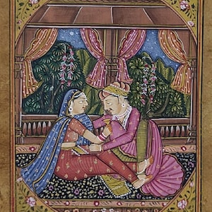 ミニチュ～ルアンティーク絵画/貴重な肉筆画(原画)/インドミニチュア博物館 インド ミニアチュール 細密画 女神図（仮） 肉筆 マット内 約10