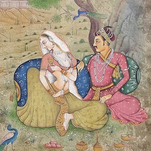 Indian Miniature Painting Of Mughal King And Queen Love Scene Art on paper 7x8.5 Inches | Handmade painting wall hanging l Gift for wedding