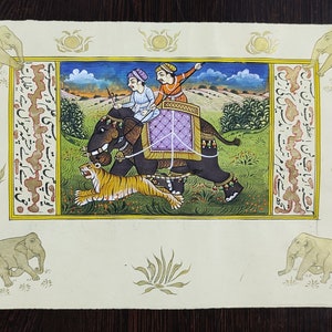 Original Hunting Indian Moghul Miniature Painting l Mughal Hunting Scene Miniature painting l Gouache Tiger hunting painting for gift