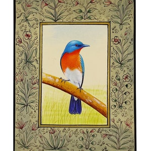 Dipinto in miniatura indiano d'epoca di uccello blu, opera d'arte a guazzo su carta di uccelli di alta qualità / dipinto d'arte Mughal / arte murale con uccelli e natura come regalo.