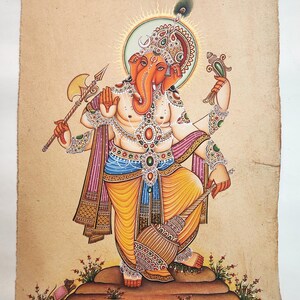 Devotional Indian Miniature Painting on Vintage Paper l Loard Ganesha Watercolor Painting for Wall Decor l Hindu God Ganish Spritual Artwork