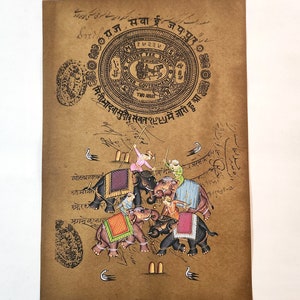 Dipinto in miniatura indiano di Maharaja Elephant Polo su carta da francobolli antica / Arte Polo dipinta a mano per parete / Dipinto Polo vintage per regalo