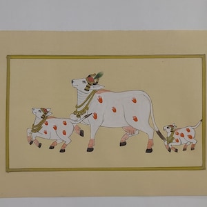 Set of 3 Original Pichwai painting, Indian miniature painting of Hindu God Goddess, ShriNathji Cow painting, Lord Krishna painting for gift