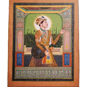 Splendido ritratto in miniatura dipinto a mano di un re indiano Mughal, 25 x 20 cm, su carta antica, opera d&#39;arte del Rajasthan dipinta a mano e decorata a parete.