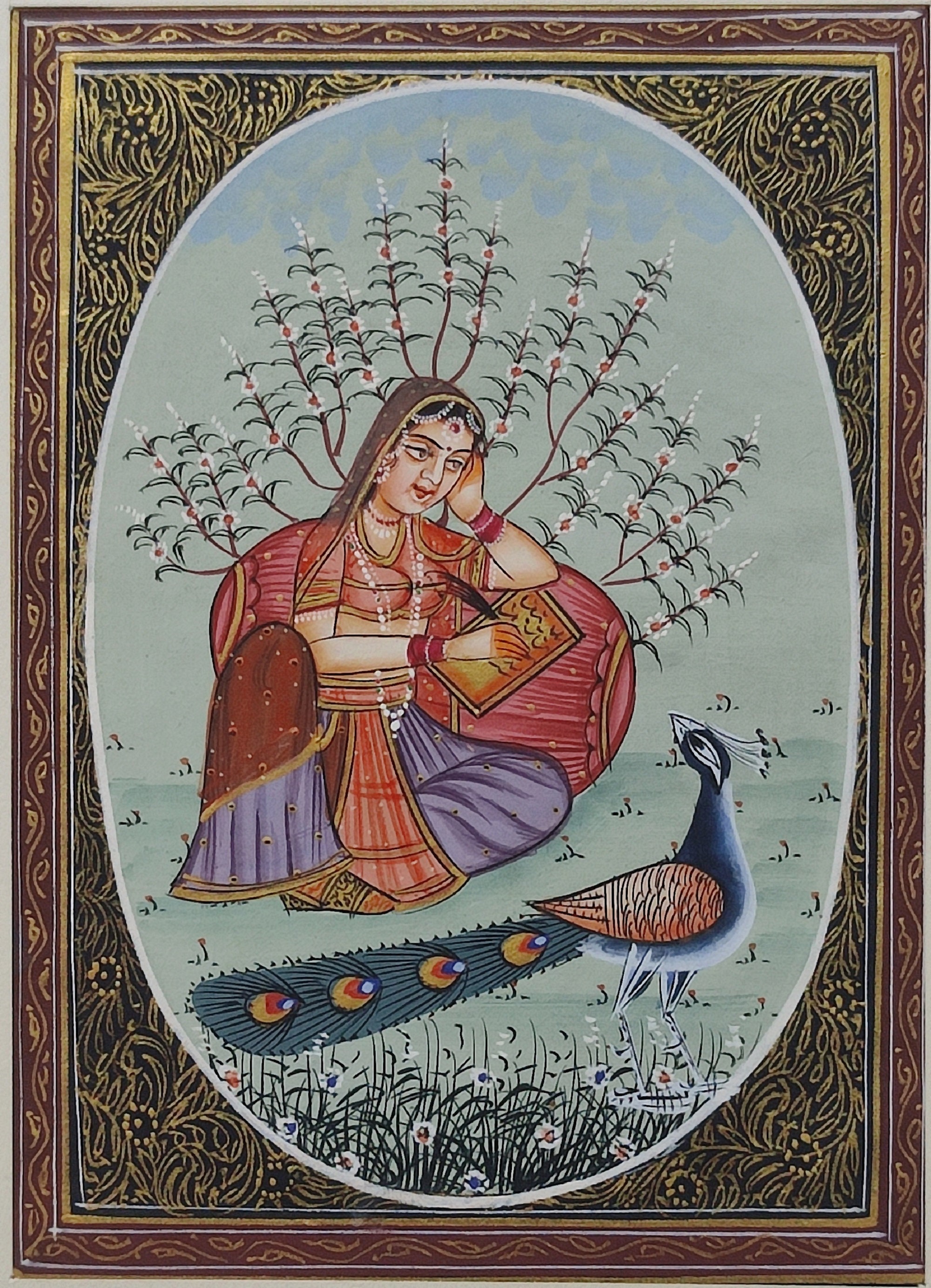 インド細密画：鹿を抱く王族の女性、絹織物アート - Etsy 日本