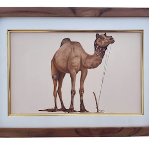 Dipinto di cammello del Rajasthan per decorazioni murali | Miniatura indiana di cammello dipinta a mano come regalo | Opera d'arte ad acquerello di cammello per gli amanti degli animali domestici