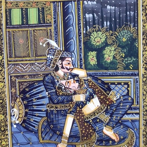 Handgemachtes indisches King & Queen | Liebesszene Miniaturanstriche I Indischer Mughal Harem Kunst auf Papier I Indische Liebe Malerei für Wand-Dekor
