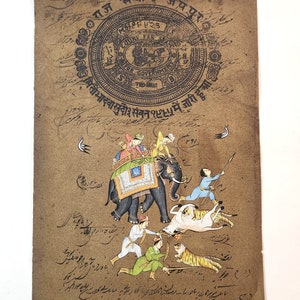 Indische Mughal Jagdszene Miniaturmalerei Kunst Auf Stempelpapier | Feinste alte Jagdszene Kunst | Indische Mughal Malerei für Wandgeschenk