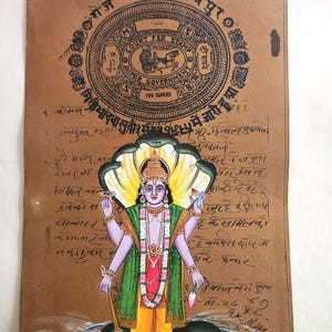 Bhagwan Vishnu, dipinto indiano in miniatura su carta vintage, dio indù, dipinto fatto a mano per arredamento, arte spirituale da parete come regalo.
