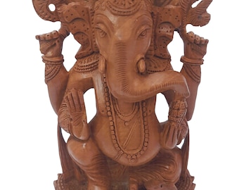 Hand Carved Wooden Ganesha Statue: Hindu God Idol, Meditation Decor