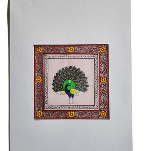 Tiny Peacock painting, Original bird painting, Indian Miniature Painting on silk cloth, beautiful bird wall art, Gold work painting