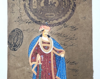 ミニチュアマハラジャ絵画：紙に描かれたヴィンテージインド肖像画