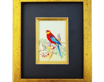 Handmade Painting of Parrot, Indian Miniature Painting, Crimson Rosella Bird Watercolour Painting, Parakeet Tiny Wall Art, Bird painting