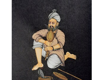 Handmade Snake Charmer Watercolor Painting: Indian Miniature Portrait