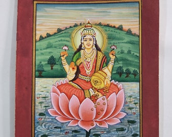 Handmade Goddess Lakshmi Indian Miniature Painting, Watercolor, Gold Ink, Vedic Art