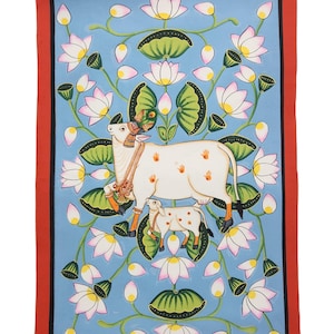 Shrinathji Pichwai painting on cotton cloth, Shrinathji with Cow and lotus