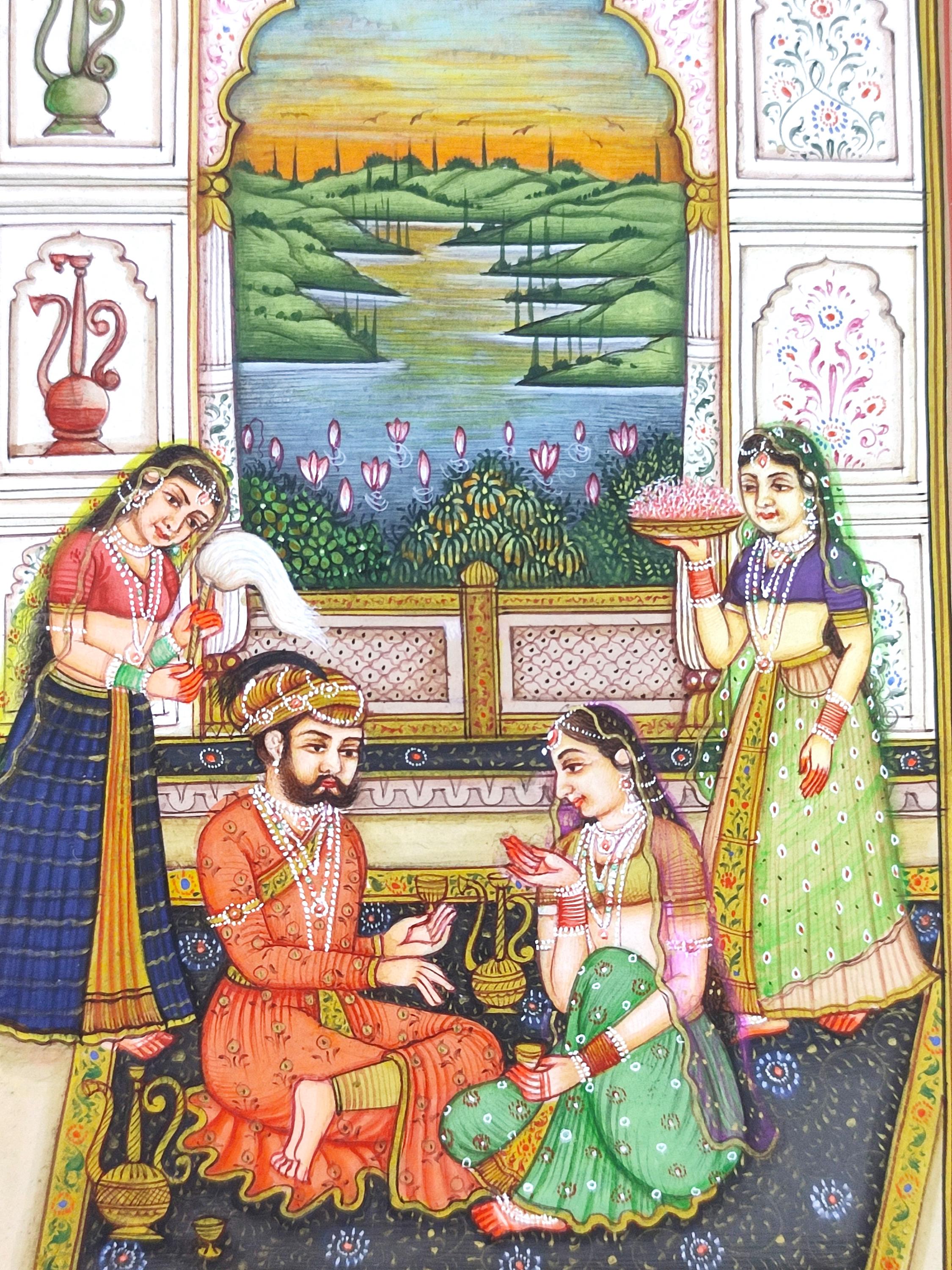 ムガル帝国の王と王妃を描いた細密画、インドの美術品、天然顔料