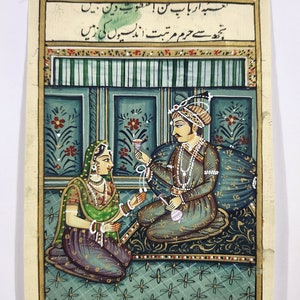 Indian Miniature Painting Of Mughal Emperor And Empress in Love Scene Antique Mughal Art On Paper | Indian Love Art Painting For Wall Décor