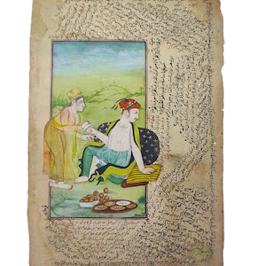 Indian Miniature Painting of Mughal Emperor Jahangir & Empress at Garden in Love Scene Art on Paper | Vintage Mughal Art Paintings for Wall