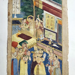 Indian Miniature Painting, Mughal Emperor And Empress Love Scene, Mughal Art, Harem scene Painting, Gouache on paper, Indian love painting
