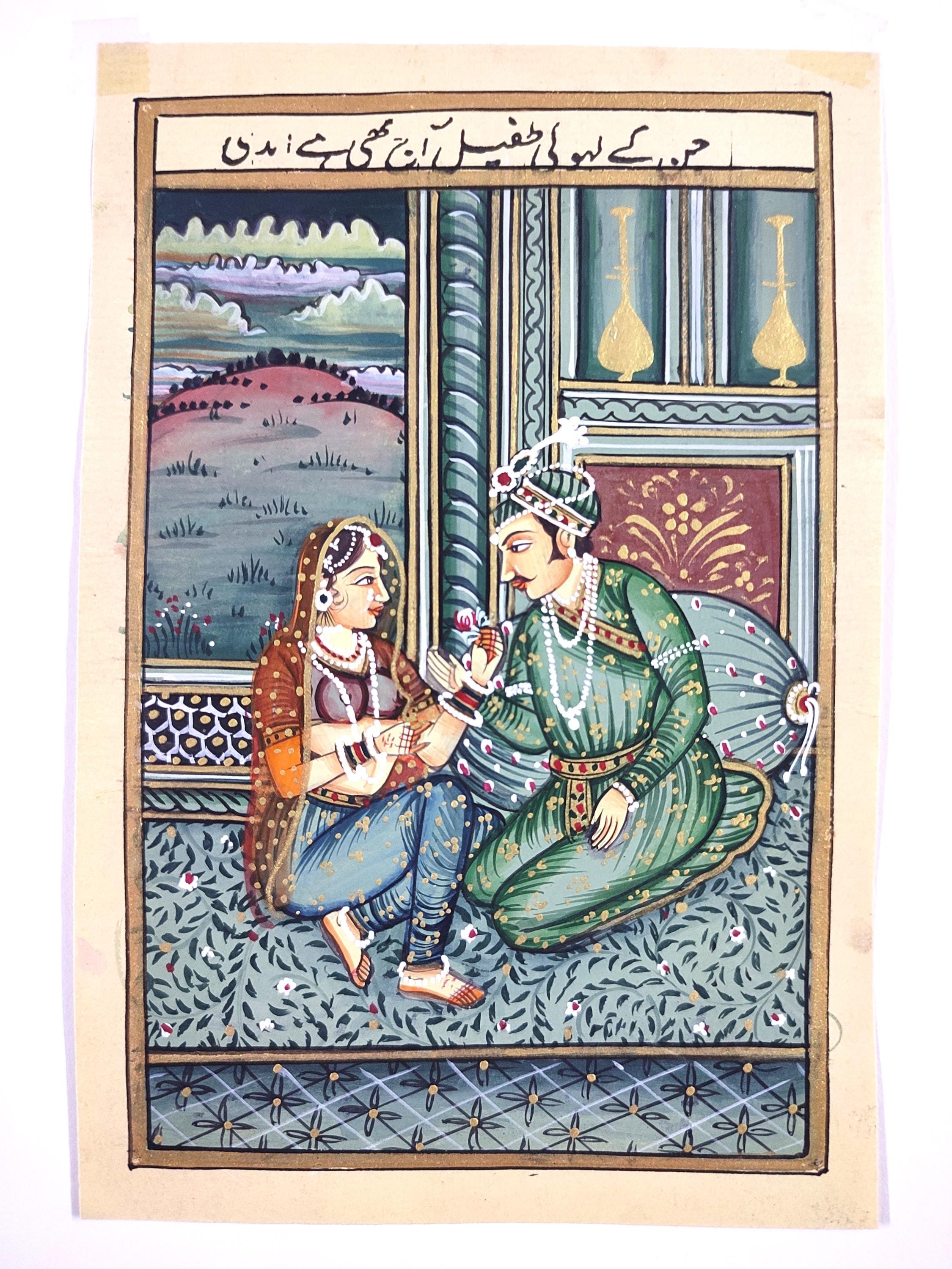 ムガル皇帝と皇后の愛の情景を描いた細密画、インドのアートペーパー