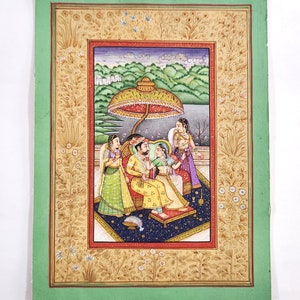 Indische Miniaturmalerei Von Mughal Kaiser Und Kaiserin Verliebte Szene Kunst Auf Papier 15x20 cm | Indische Mughal Haremsmalerei für Wanddekor