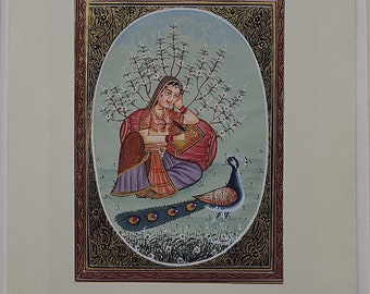 インド細密画：鹿を抱く王族の女性、絹織物アート - Etsy 日本
