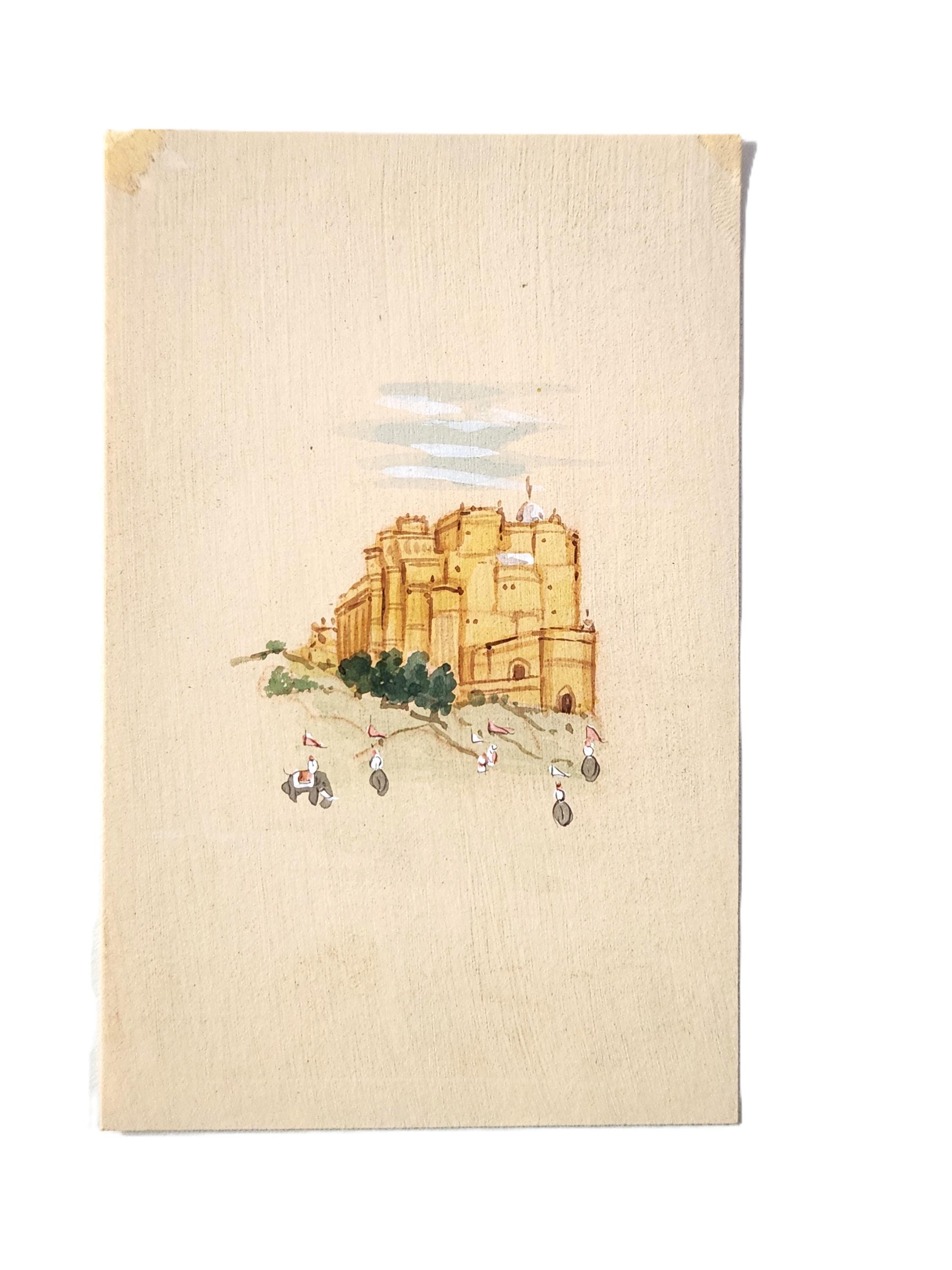 インドの要塞と宮殿の絵3枚セット、ジャイプールのアンベール城、風の