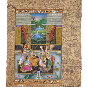 Indian Miniature Painting Of Mughal King And Queen Love Scene Art & Enjoying Lady Dance  | Indian Mughal Harem Art On old Paper for Gift