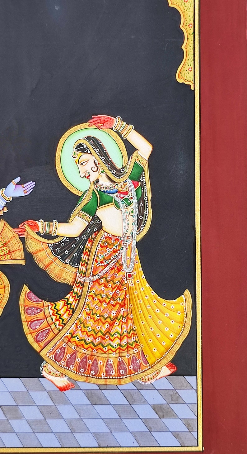 May include: A painting on a black background featuring a figure in a green blouse and a yellow patterned skirt with red and white details. The figure wears jewelry, a headpiece, and a light green halo, standing on a gray and white tiled floor.