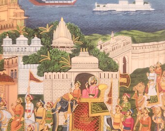 西インド ジャイプール城 細密画 ピンクシティ・ジャイプールの絵画、湖の街ウダイプールの絵画、偽