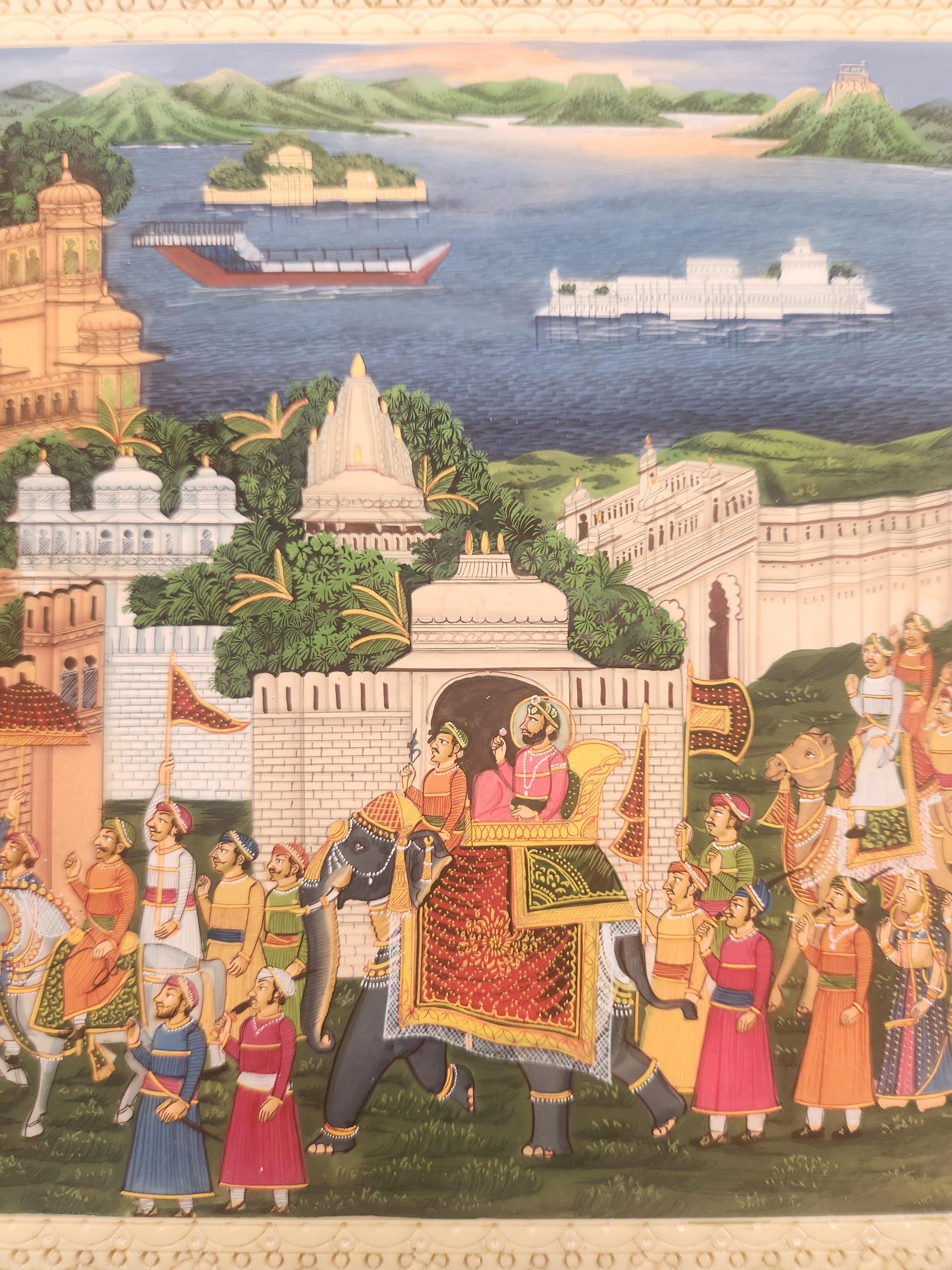 西インド ジャイプール城 細密画 ピンクシティ・ジャイプールの絵画、湖の街ウダイプールの絵画、偽