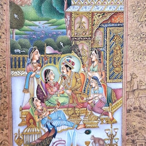 Handmade Indian Miniature Painting Of Mughal King Queen Harem Scene On Old Paper | Mughal love scene Miniature Painting for Wall Decor