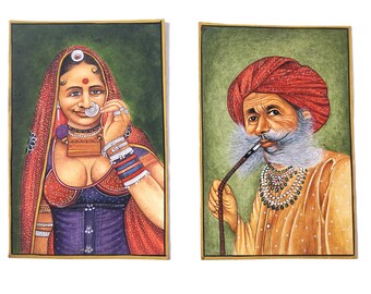 手作りのカシミール女性のミニチュア絵画：インドのグアッシュアート