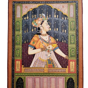 ランプを灯すラージプート女王のインド細密画 6x10インチの紙に