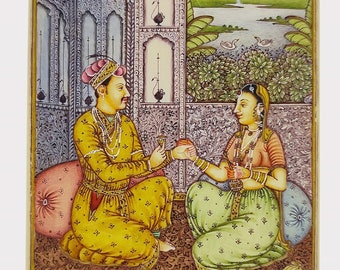 アンティーク◆ムガル帝国の細密画＊印Miniature Old Painting ムガル帝国のアクバル王のミニチュア絵画：手作りのインド人カップル