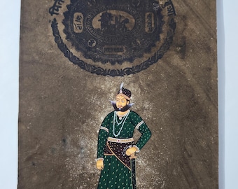 Mughal Emperor Portrait Miniature Painting, Indian Maharaja Artwork, Vintage Paper, Real Gold Ink