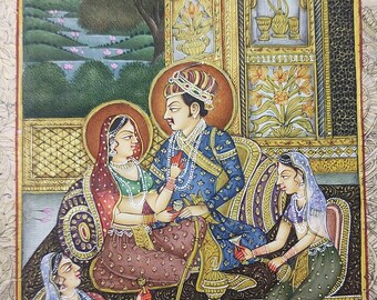 インド・マハラジャ絵画5点セット/額装入り ヒンドゥー教のマハラジャとマハラニのインドのミニチュア絵画
